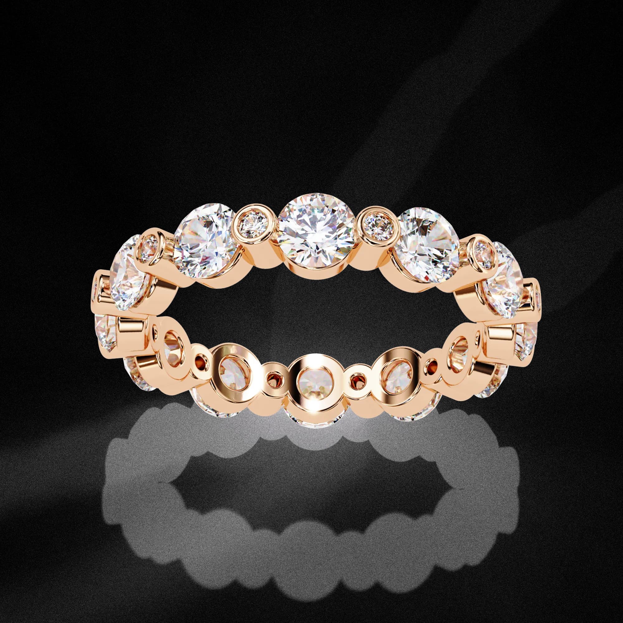 Round lab grown diamond alternating full eternity band in rose gold, angled view