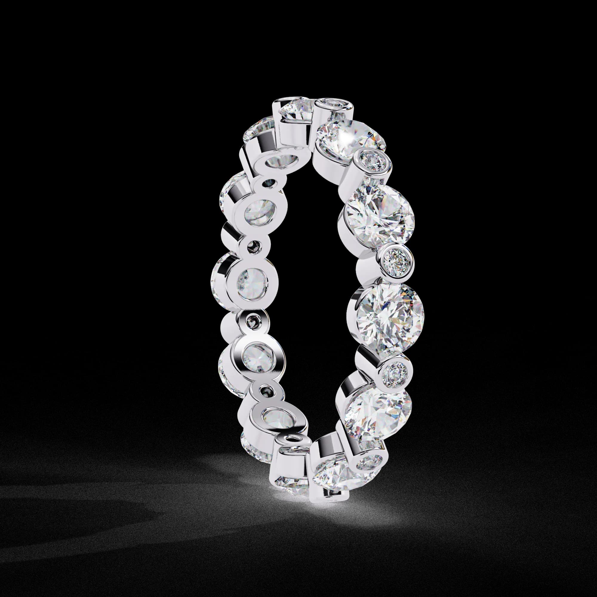 Round lab grown diamond alternating full eternity band in white gold, side profile view
