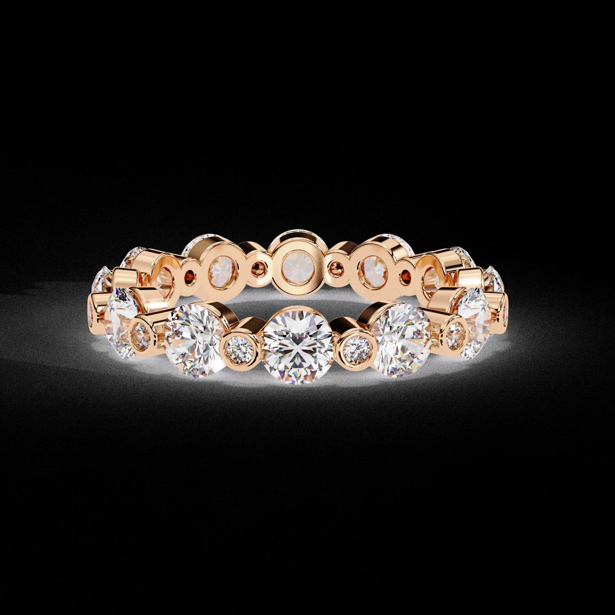 Round lab grown diamond alternating full eternity band in rose gold, front view