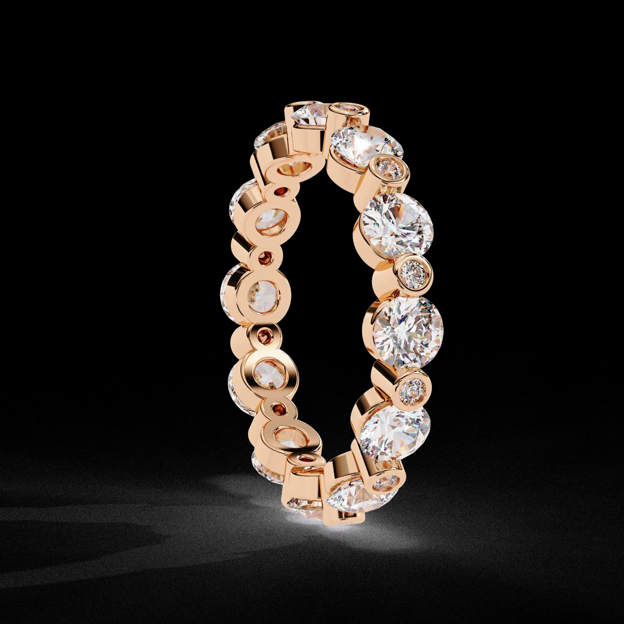Round lab grown diamond alternating full eternity band in rose gold, side profile view