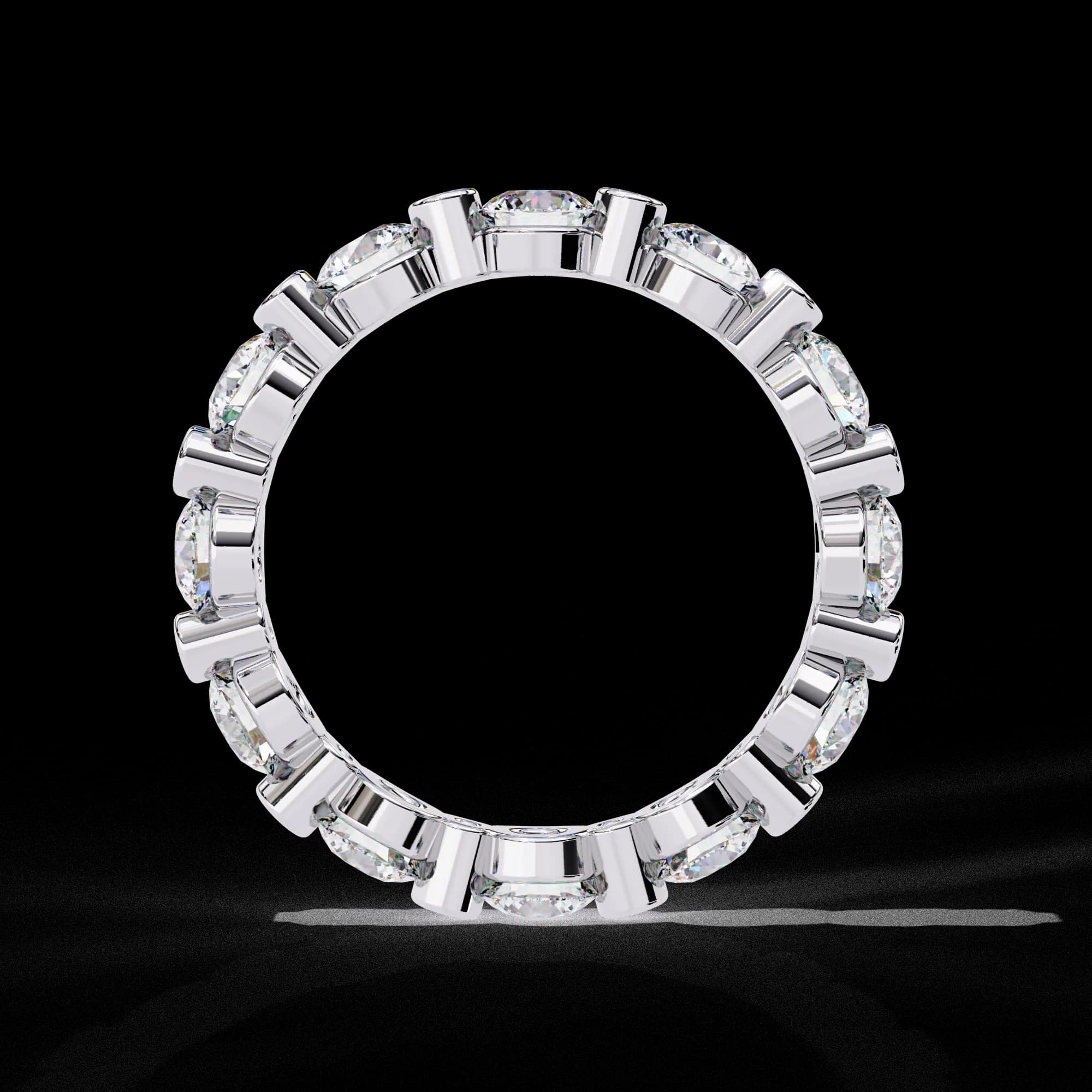 Round lab grown diamond alternating full eternity band in white gold, through-finger view