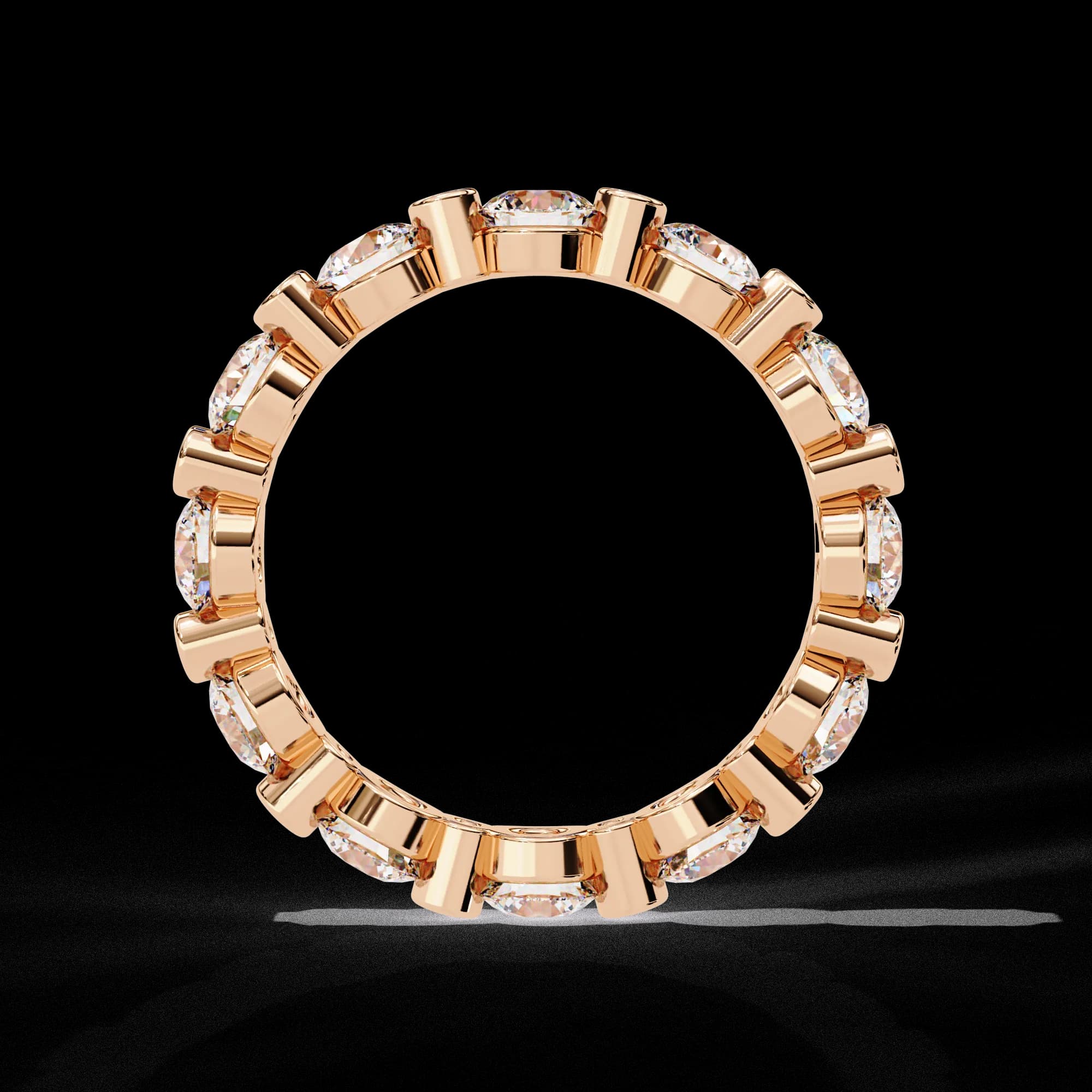 Round lab grown diamond alternating full eternity band in rose gold, through-finger view