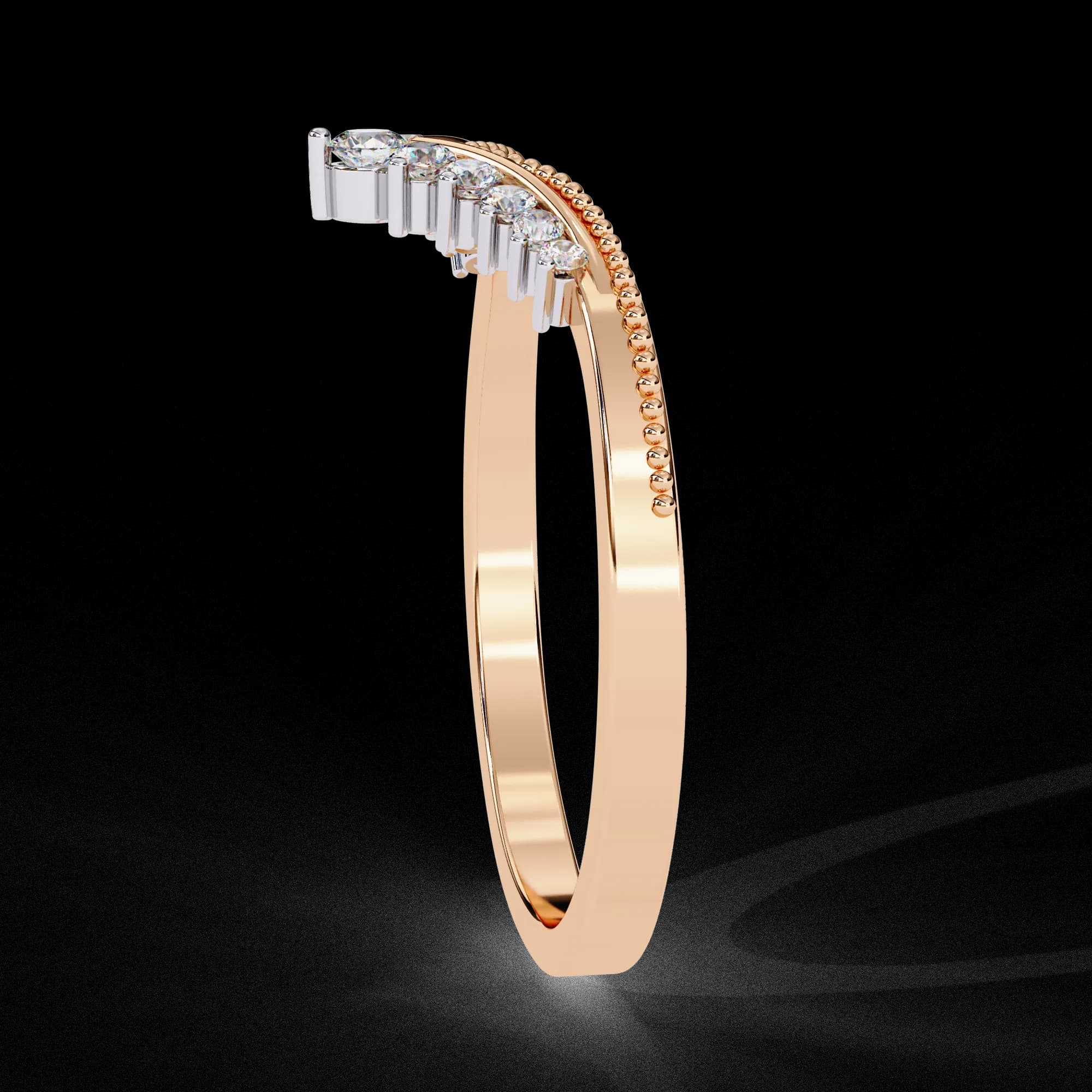 Round lab grown diamond chevron milgrain wedding band in rose gold, side profile view