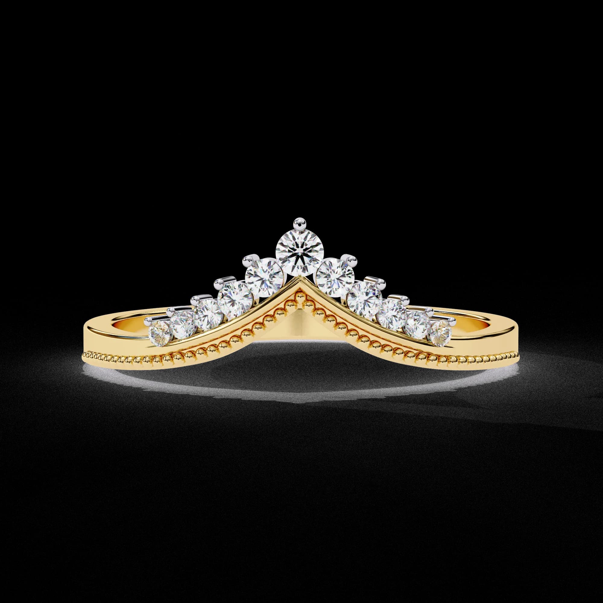 Round lab grown diamond chevron milgrain wedding band in yellow gold, front view
