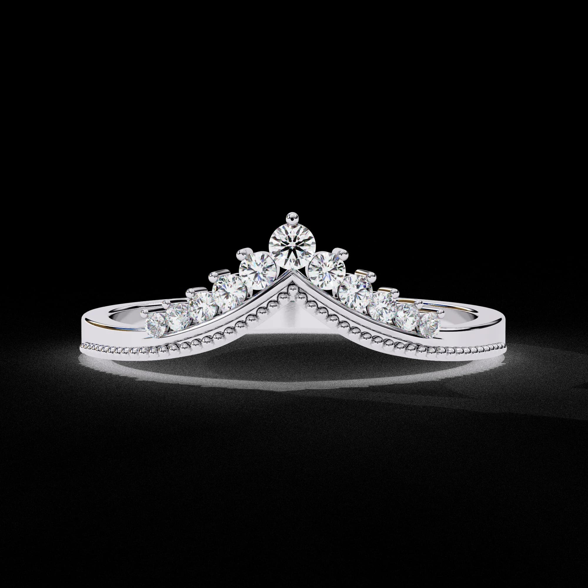 Round lab grown diamond chevron milgrain wedding band in white gold, front view