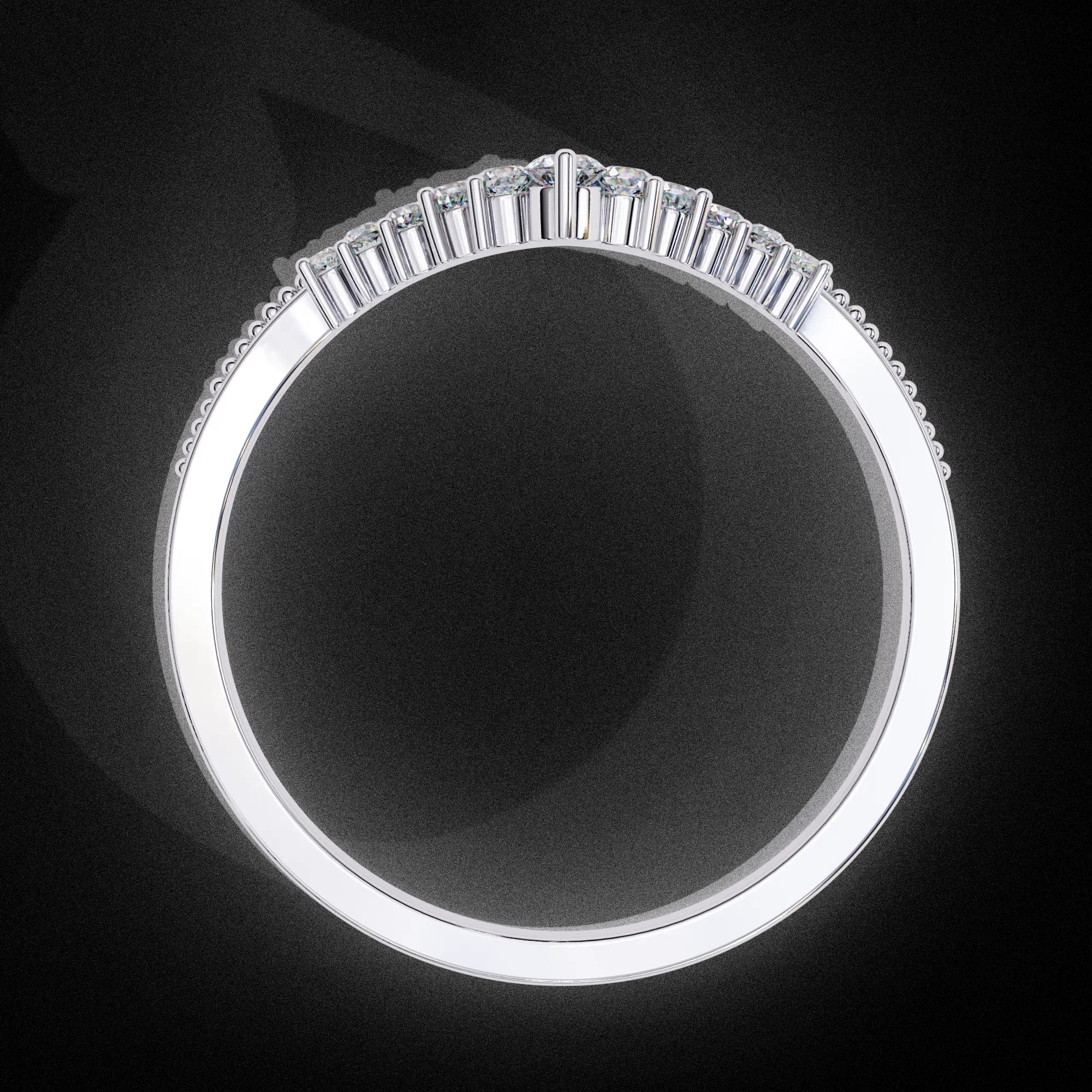 Round lab grown diamond chevron milgrain wedding band in white gold, through-finger view