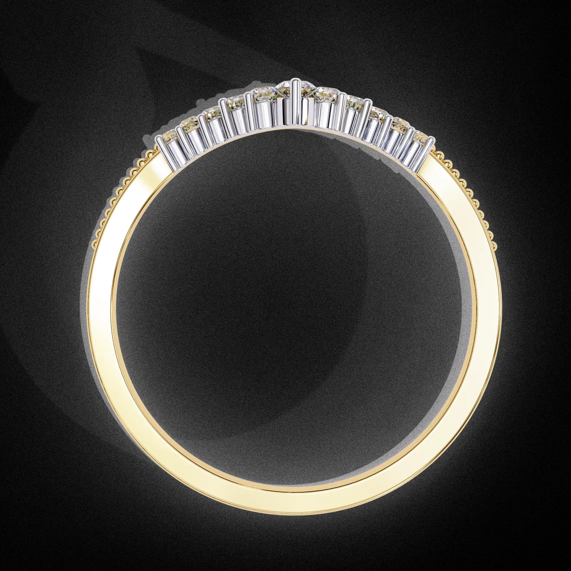 Round lab grown diamond chevron milgrain wedding band in yellow gold, through-finger view
