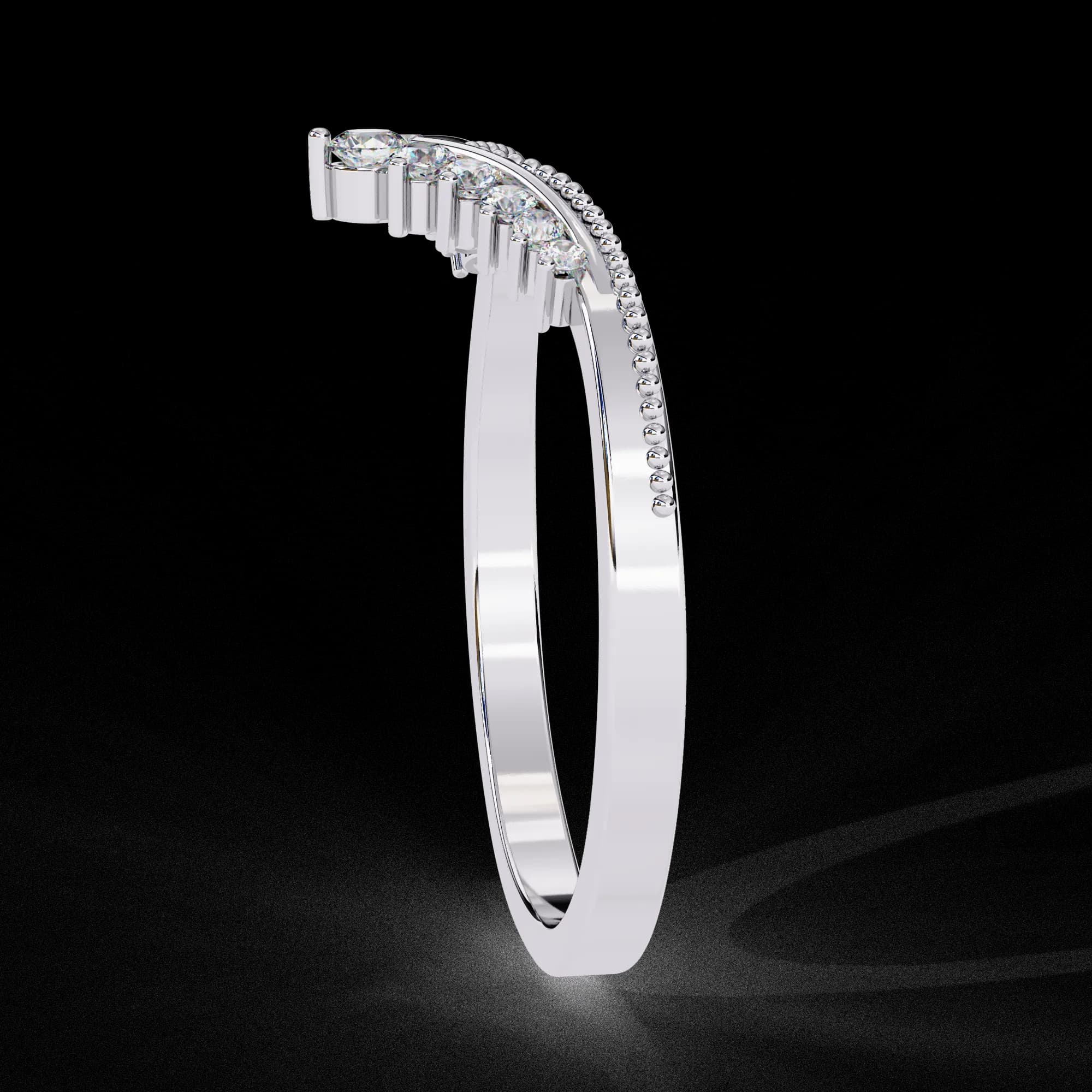 Round lab grown diamond chevron milgrain wedding band in white gold, side profile view