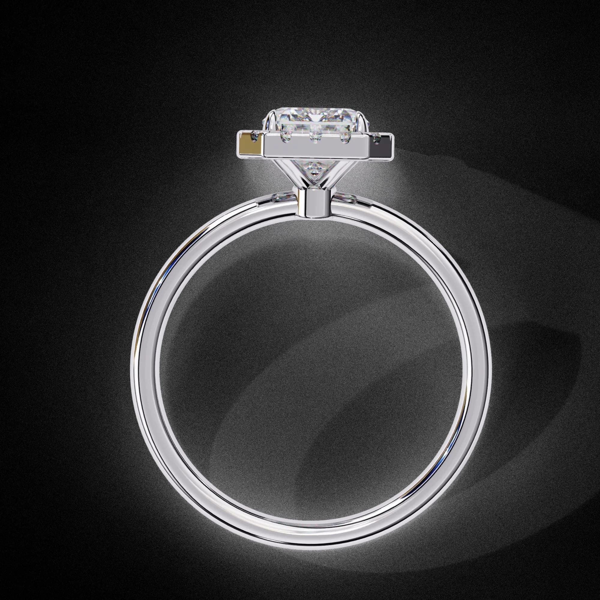 Emerald cut lab grown diamond halo engagement ring in white gold, through-finger view