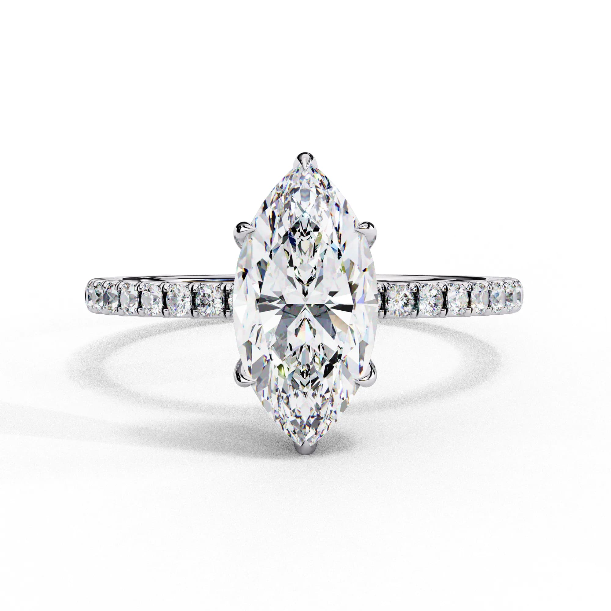 Marquise cut lab grown diamond hidden halo engagement ring with pavé band in white gold, front view