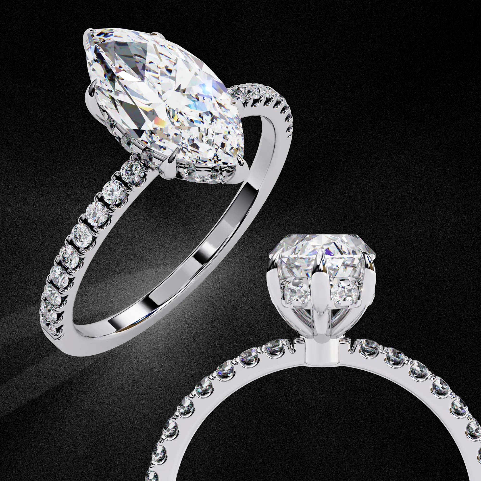 Marquise cut lab grown diamond engagement ring in white gold on a textured grey backdrop, angled and through-finger views