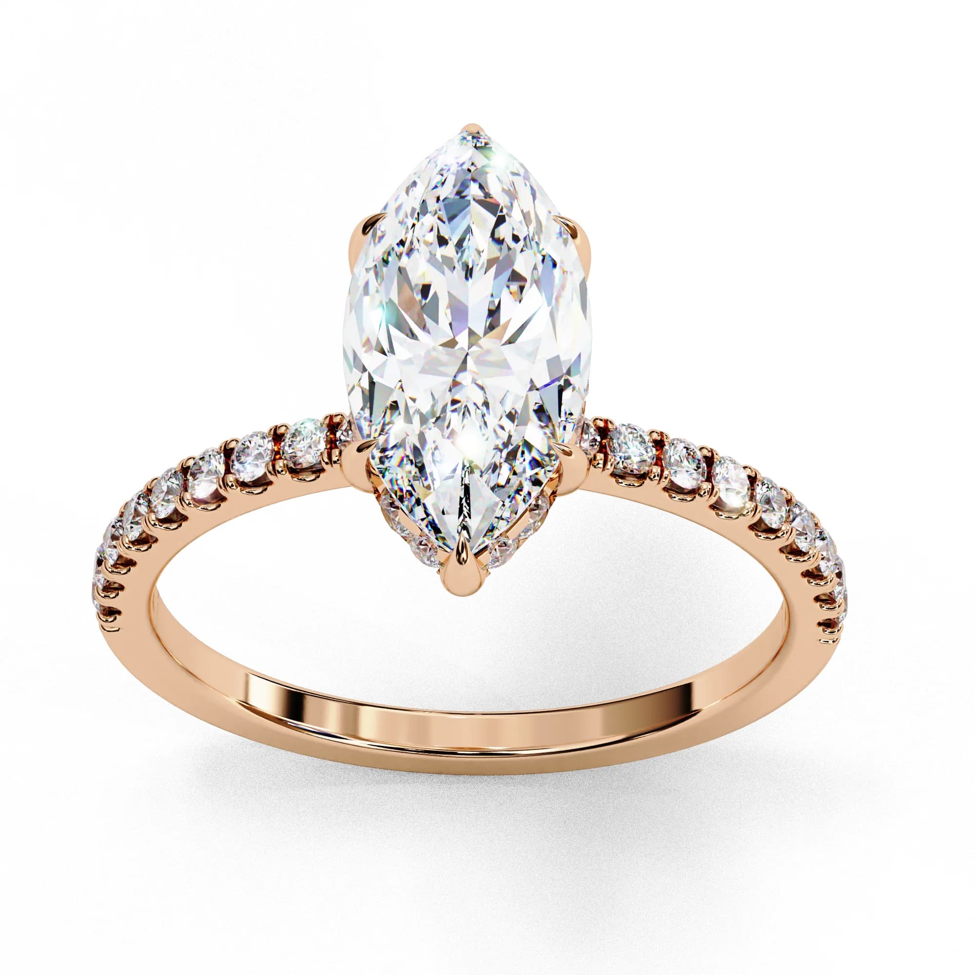 Marquise cut lab grown diamond hidden halo engagement ring with pavé band in rose gold, angled view