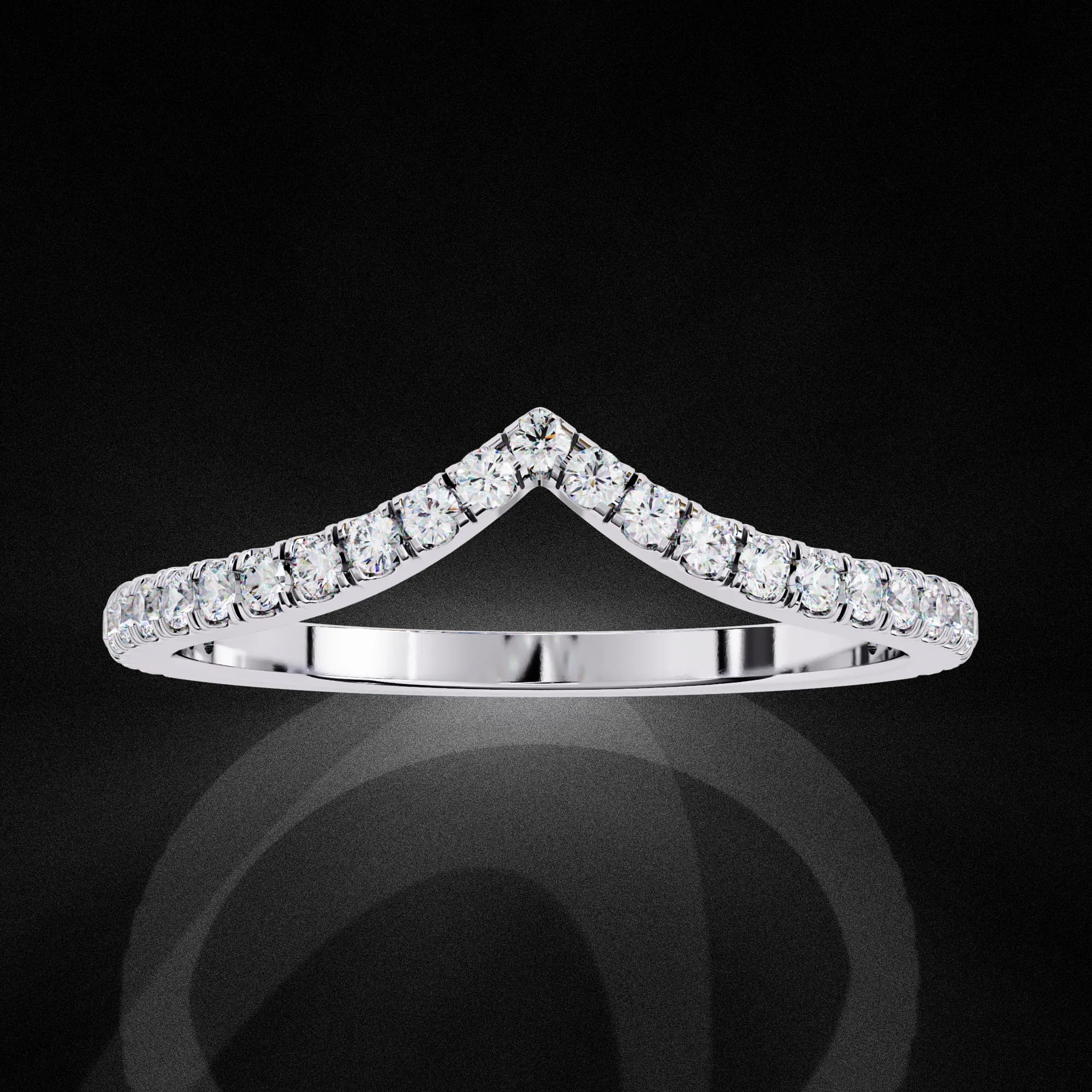 Round lab grown diamond chevron pavé wedding band in white gold, front view