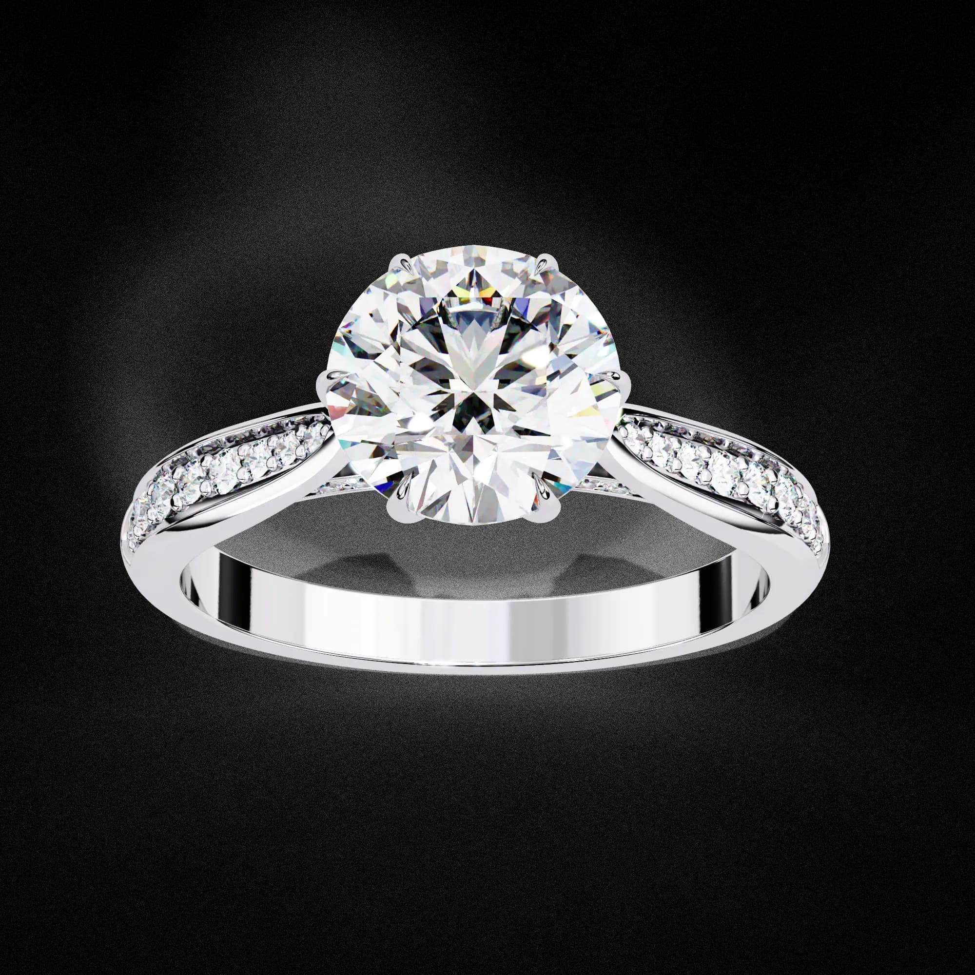 Round lab grown diamond six-prong cathedral pavé engagement ring in white gold, angled view