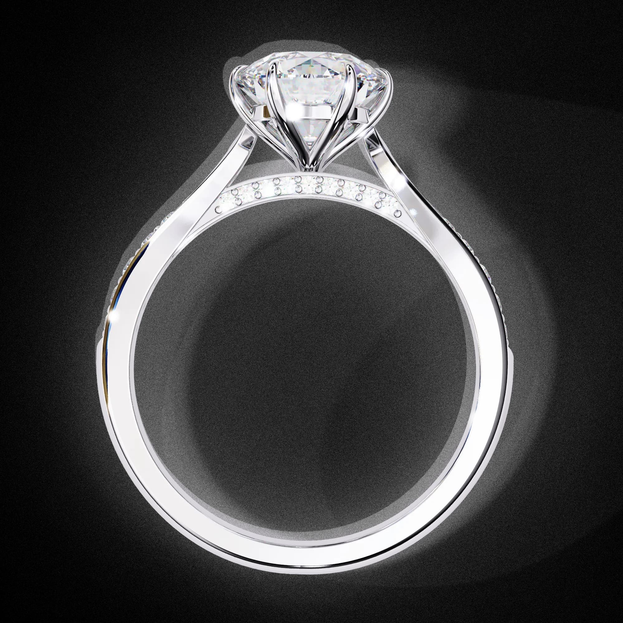Round lab grown diamond six-prong cathedral pavé engagement ring in white gold, through-finger view