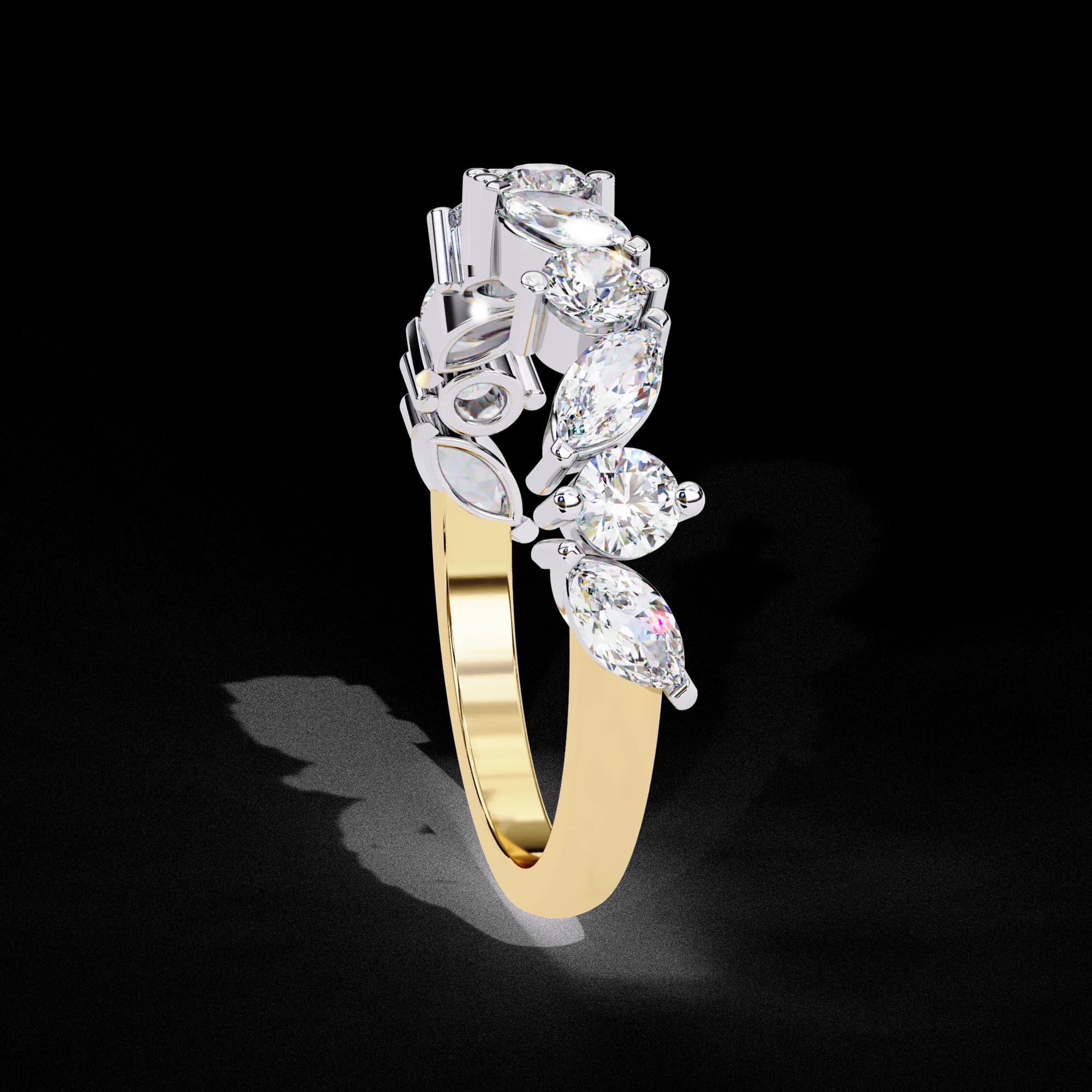 Marquise and round lab grown diamond curved contour wedding band in yellow gold, side profile view