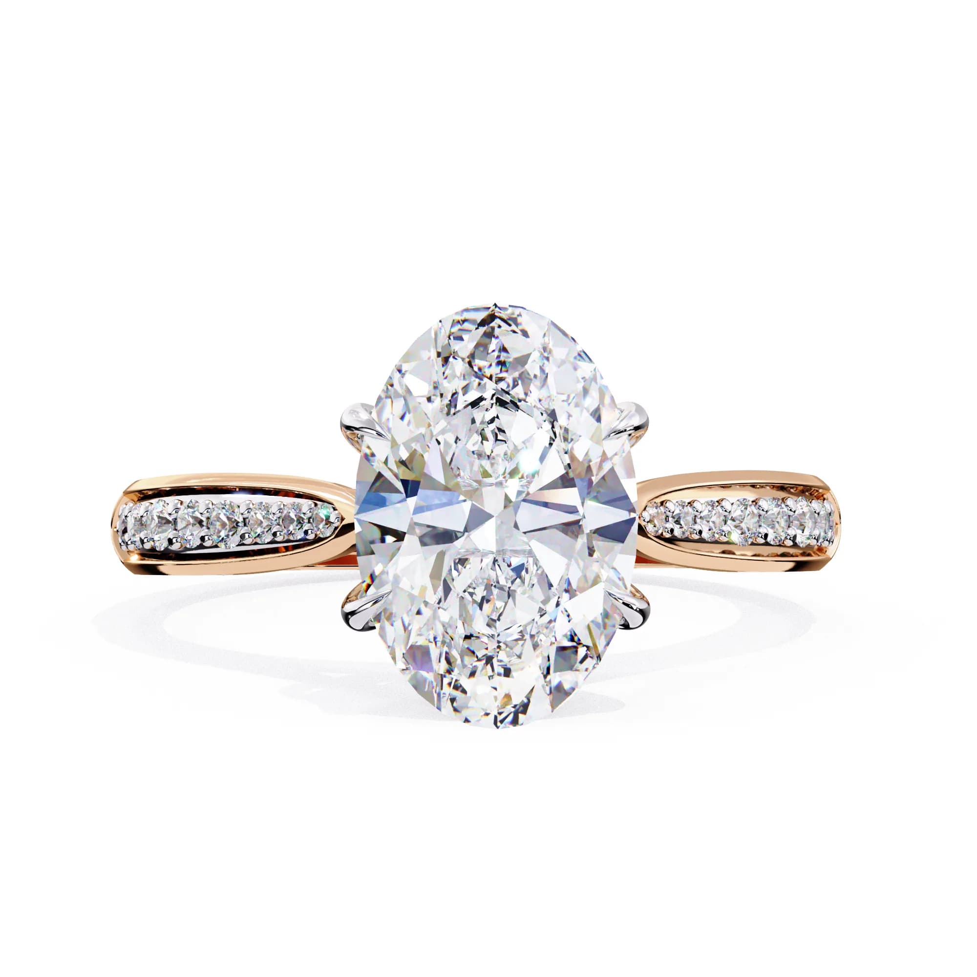 Oval lab grown diamond cathedral pavé engagement ring in rose gold, front view