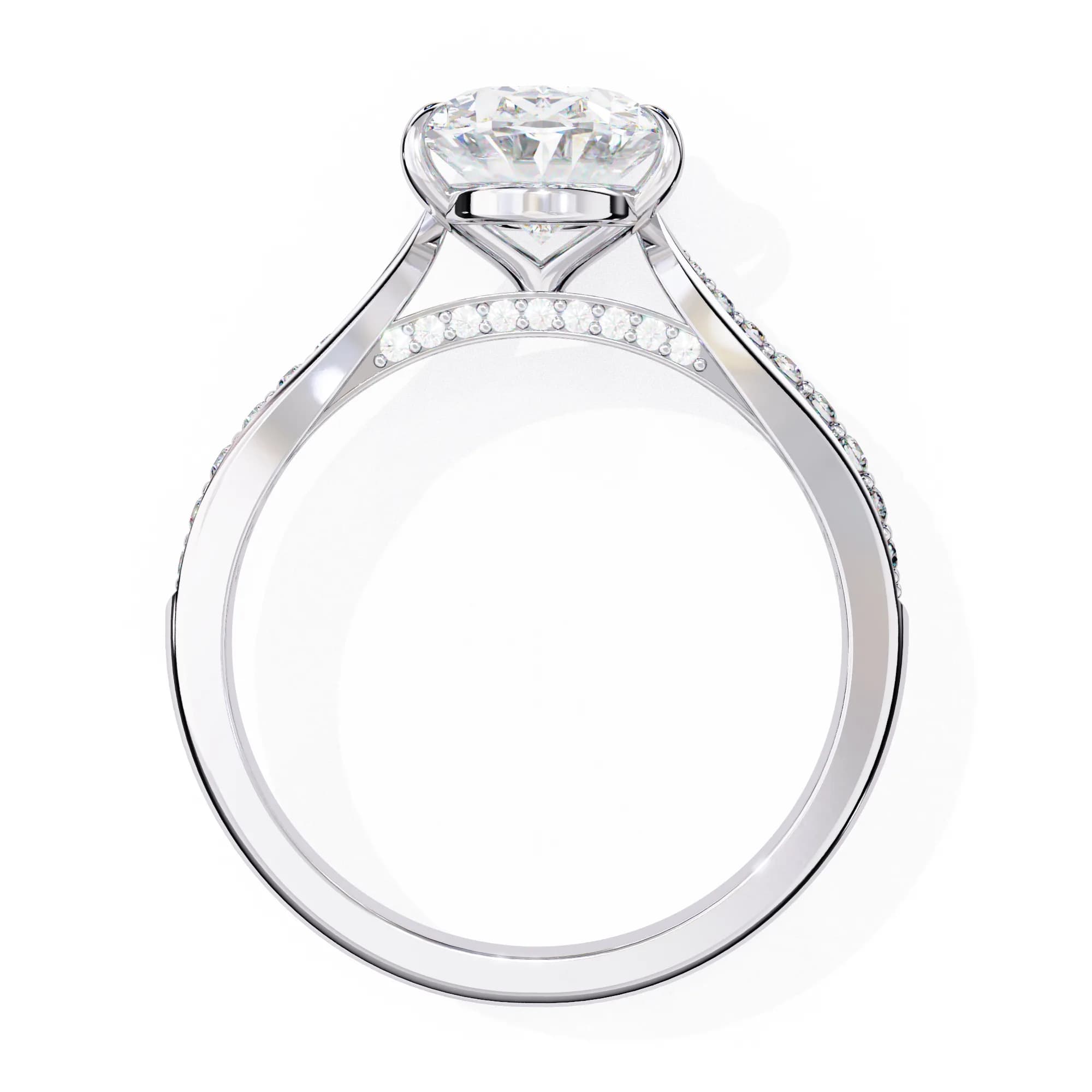 Oval lab grown diamond cathedral pavé engagement ring in white gold, through-finger view