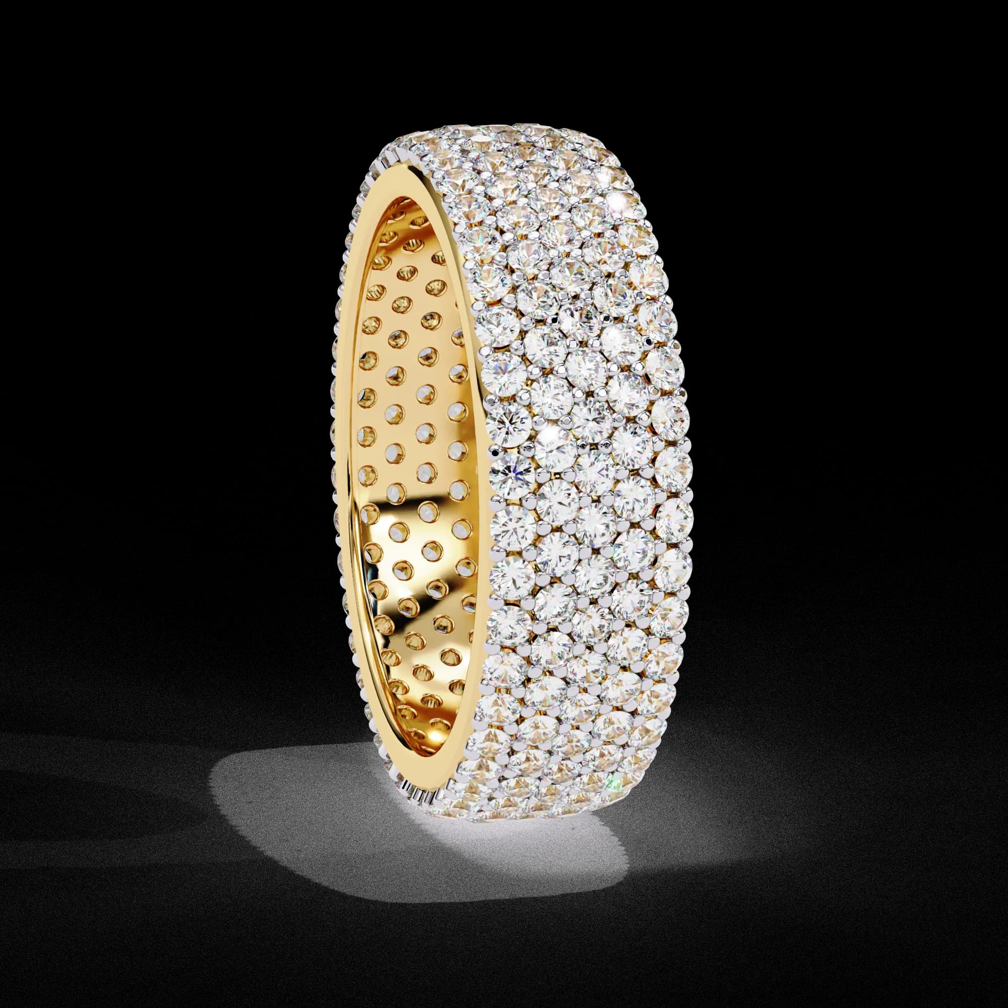Round lab grown diamond wide multi-row pavé eternity band in yellow gold, side profile view