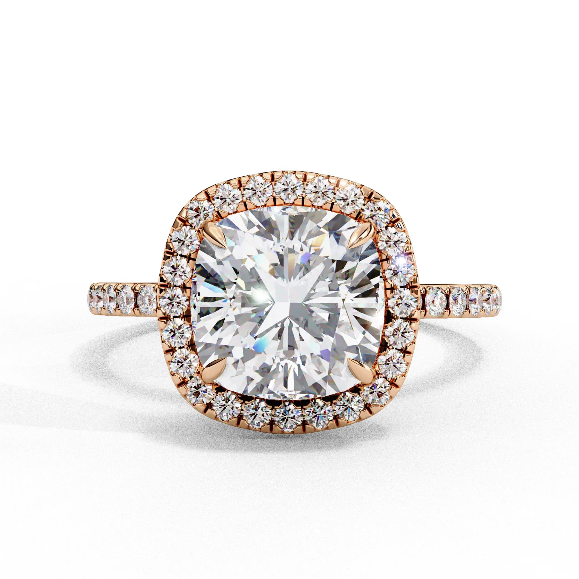 Cushion cut lab grown diamond halo engagement ring in rose gold, front view