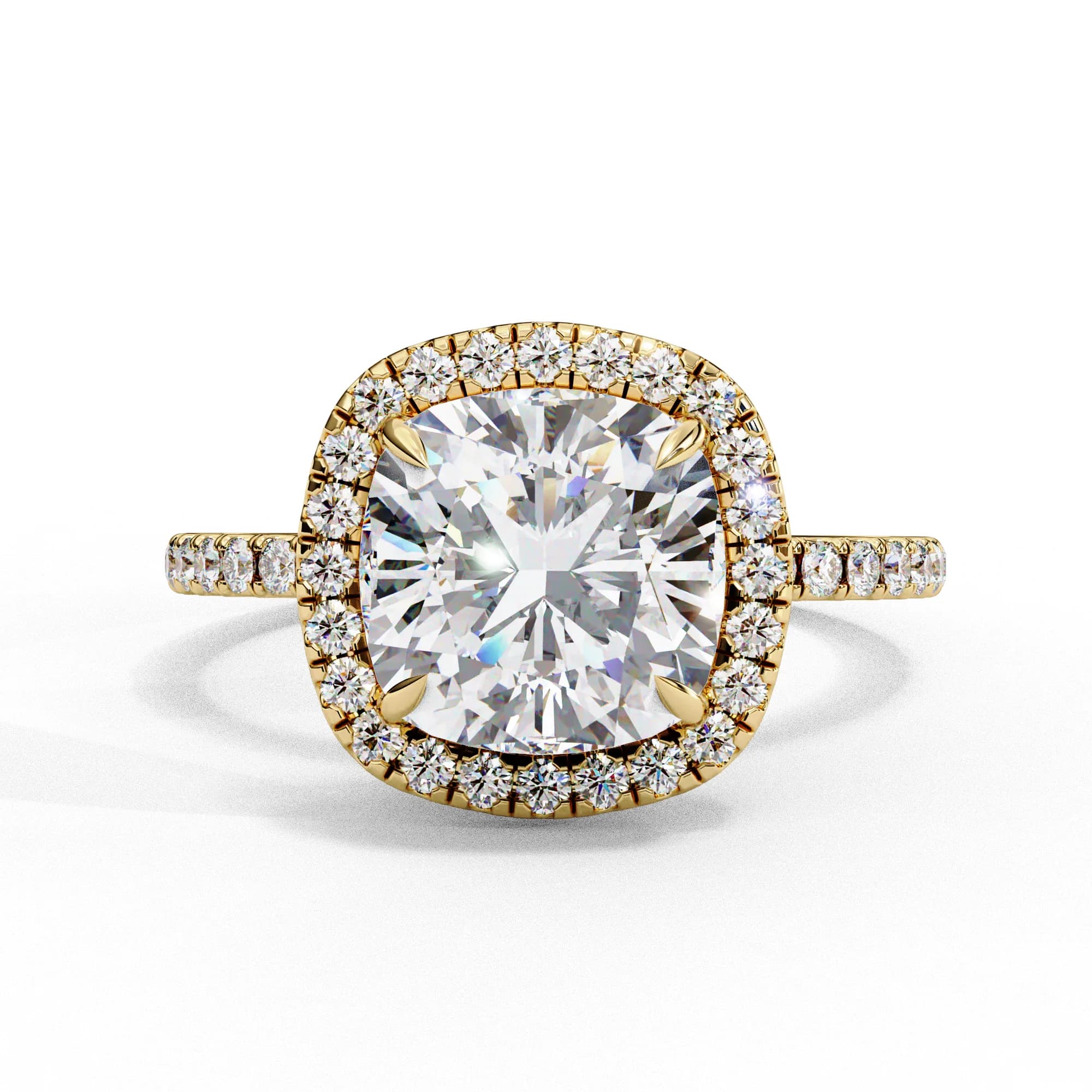 Cushion cut lab grown diamond halo engagement ring in yellow gold, front view