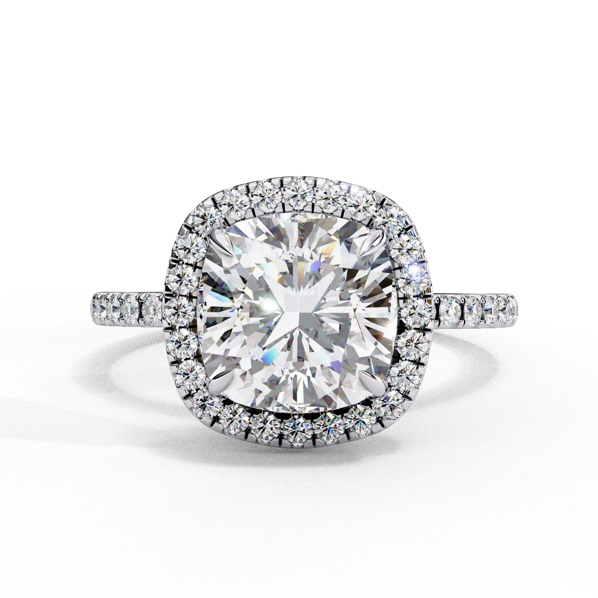 Cushion cut lab grown diamond halo engagement ring in white gold, front view