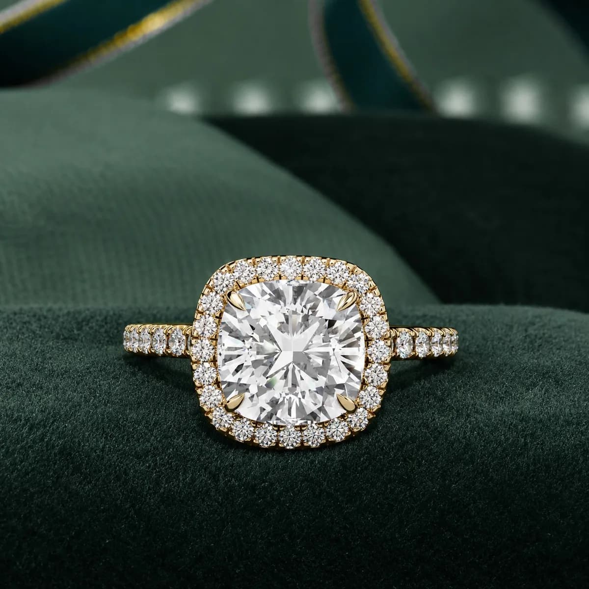 Cushion cut lab grown diamond halo engagement ring in yellow gold resting on green velvet
