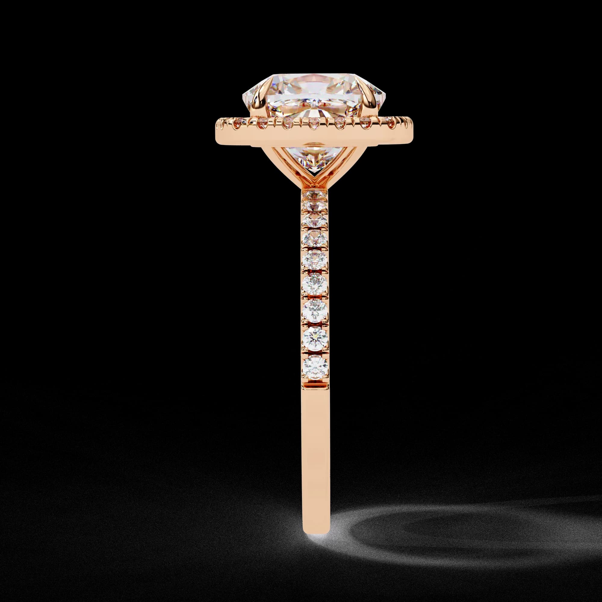 Cushion cut lab grown diamond halo engagement ring in rose gold, side profile view