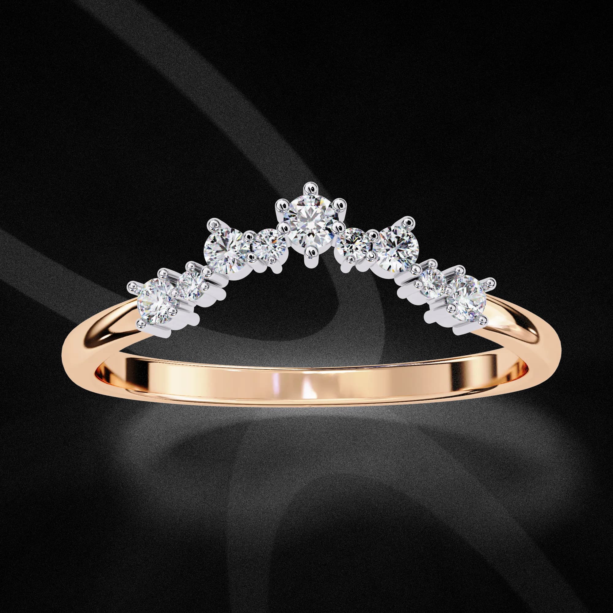 Round lab grown diamond curved crown wedding band in rose gold, angled view