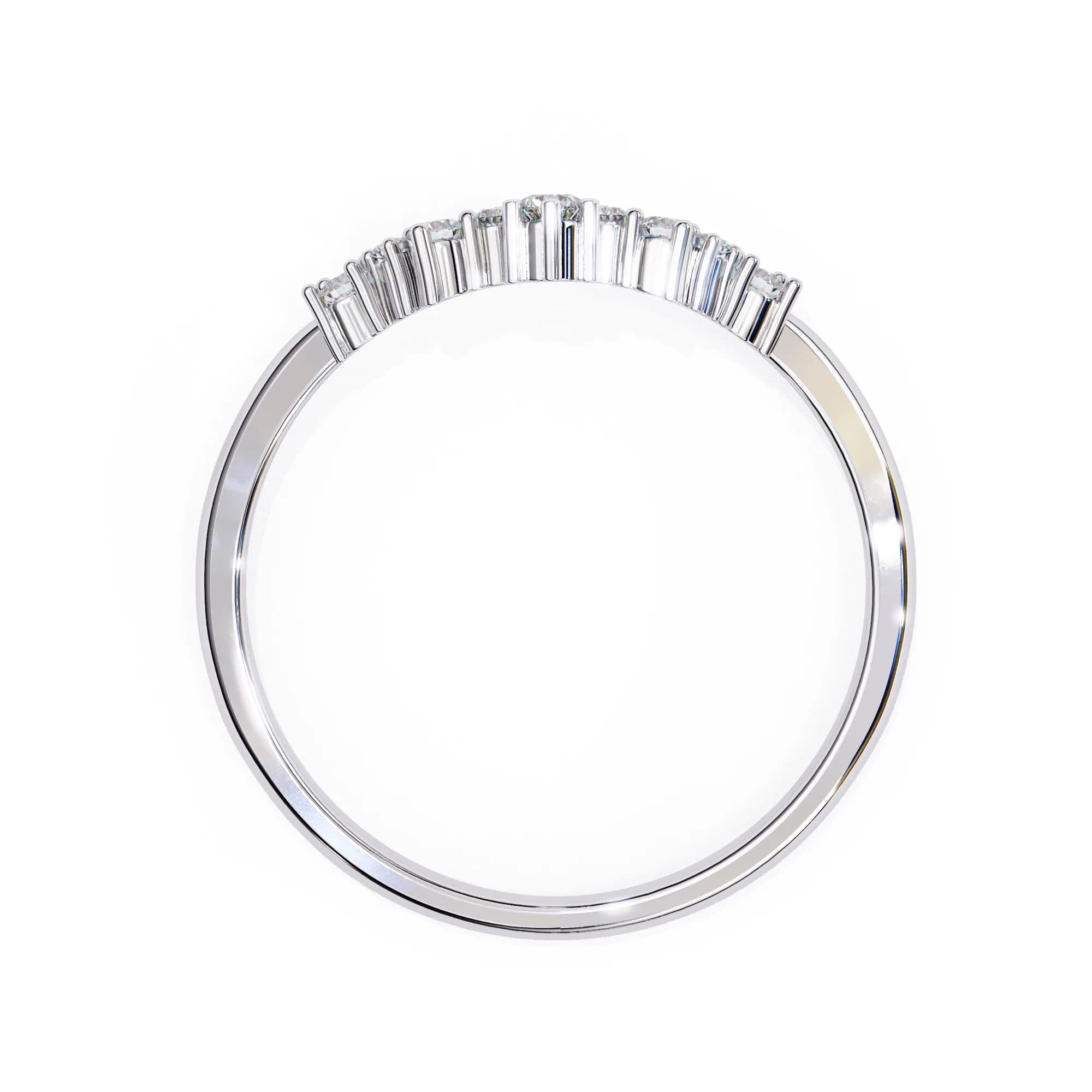 Round lab grown diamond curved crown wedding band in white gold, through-finger view