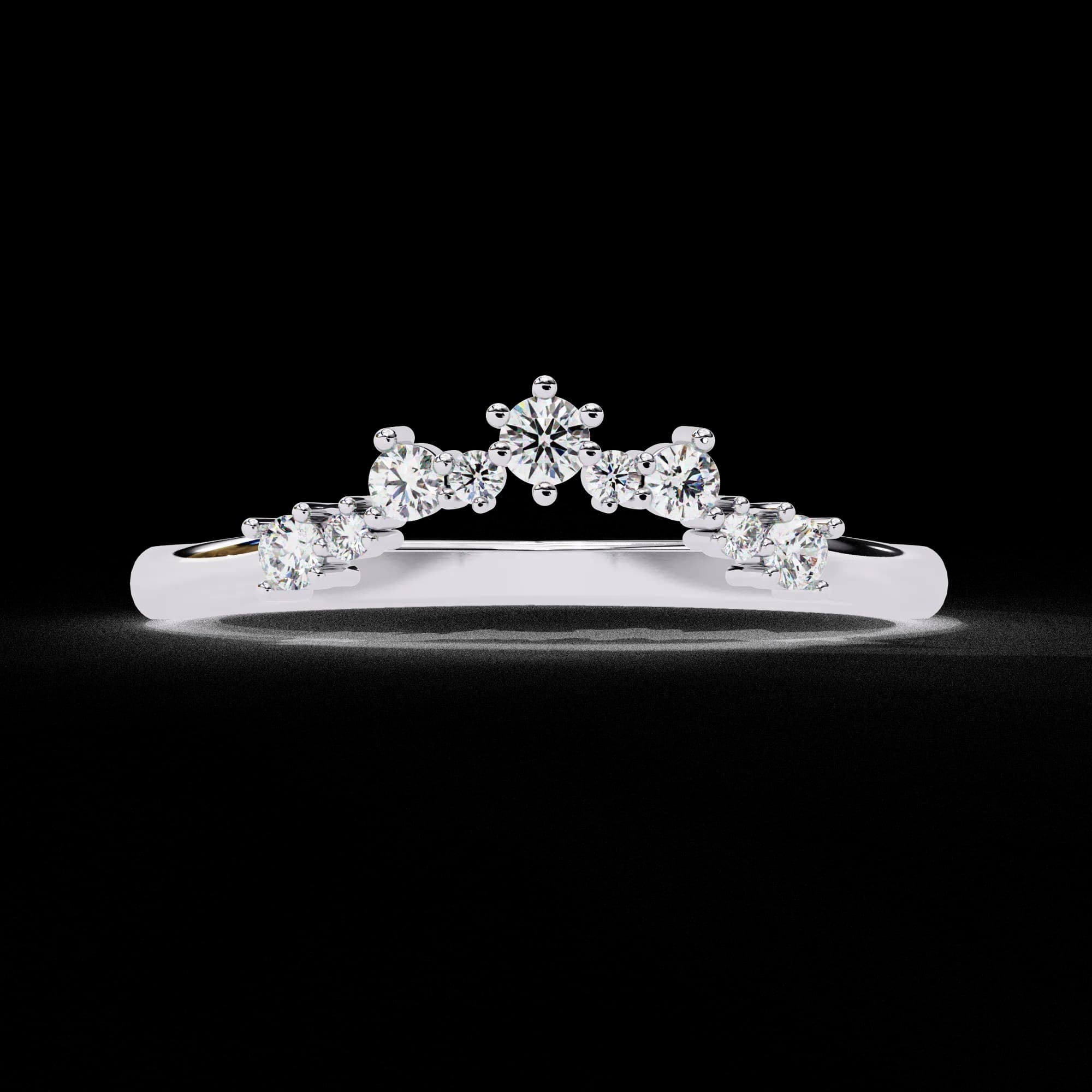 Round lab grown diamond curved crown wedding band in white gold, front view
