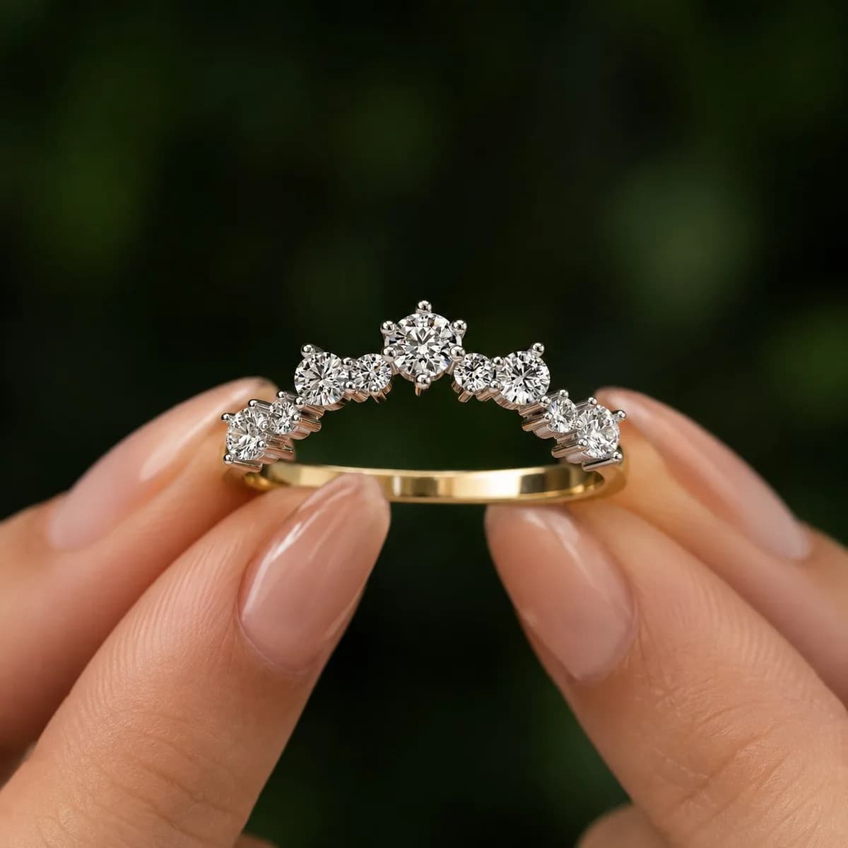 Round lab grown diamond curved crown wedding band in yellow gold held between fingertips