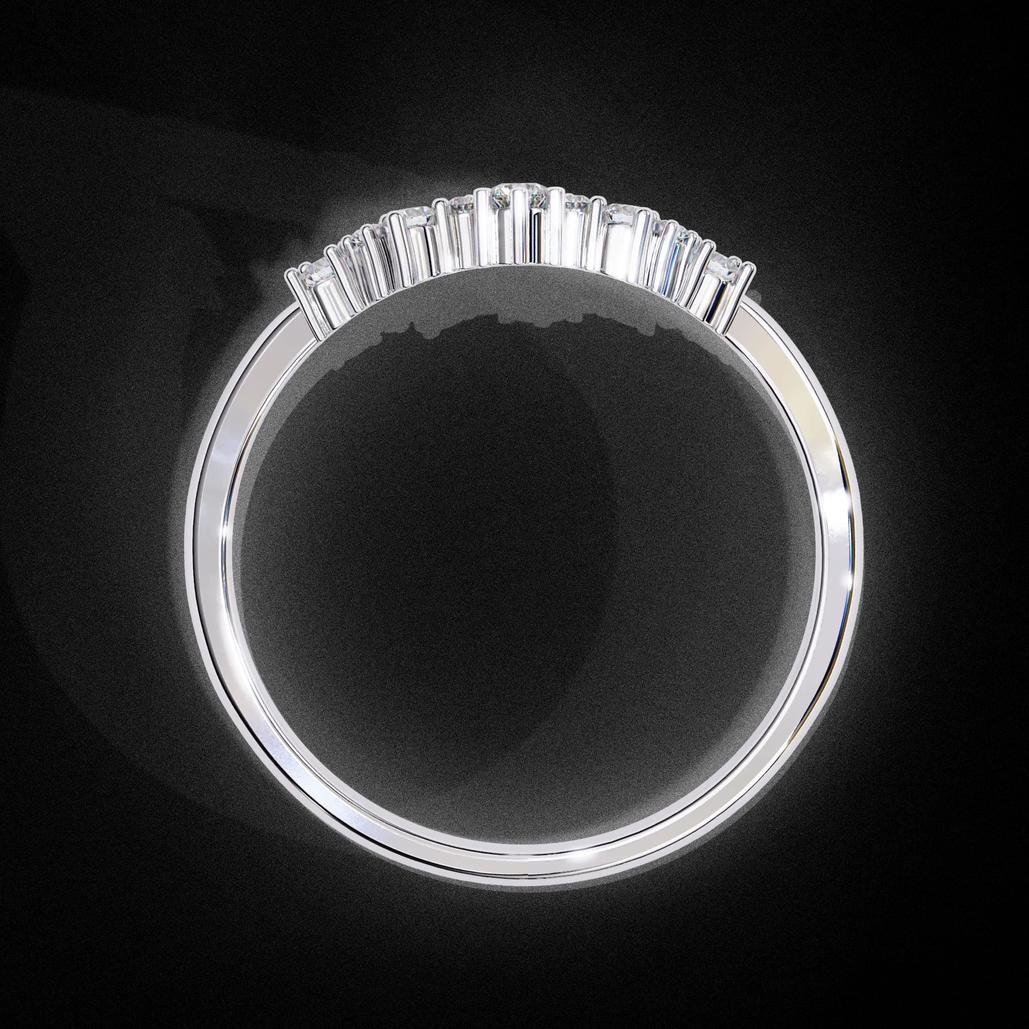 Round lab grown diamond curved crown wedding band in white gold, through-finger view