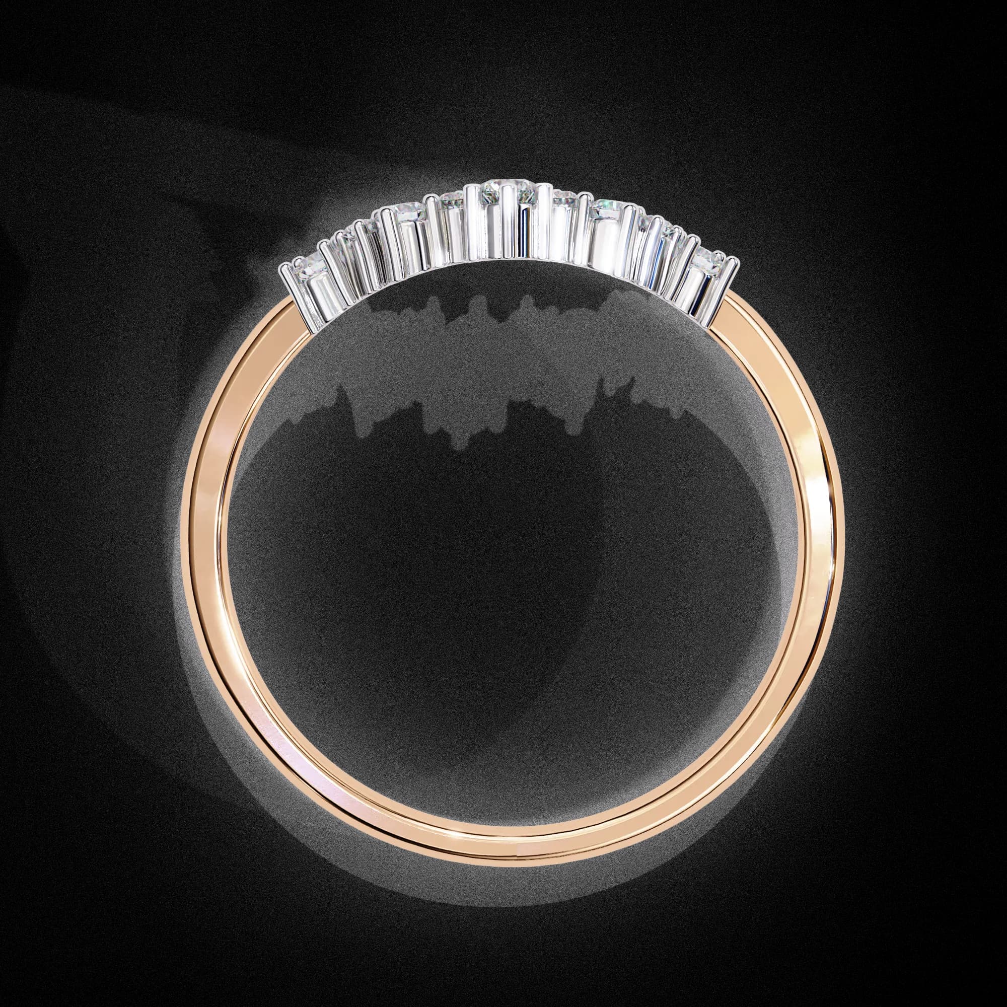 Round lab grown diamond curved crown wedding band in rose gold, through-finger view