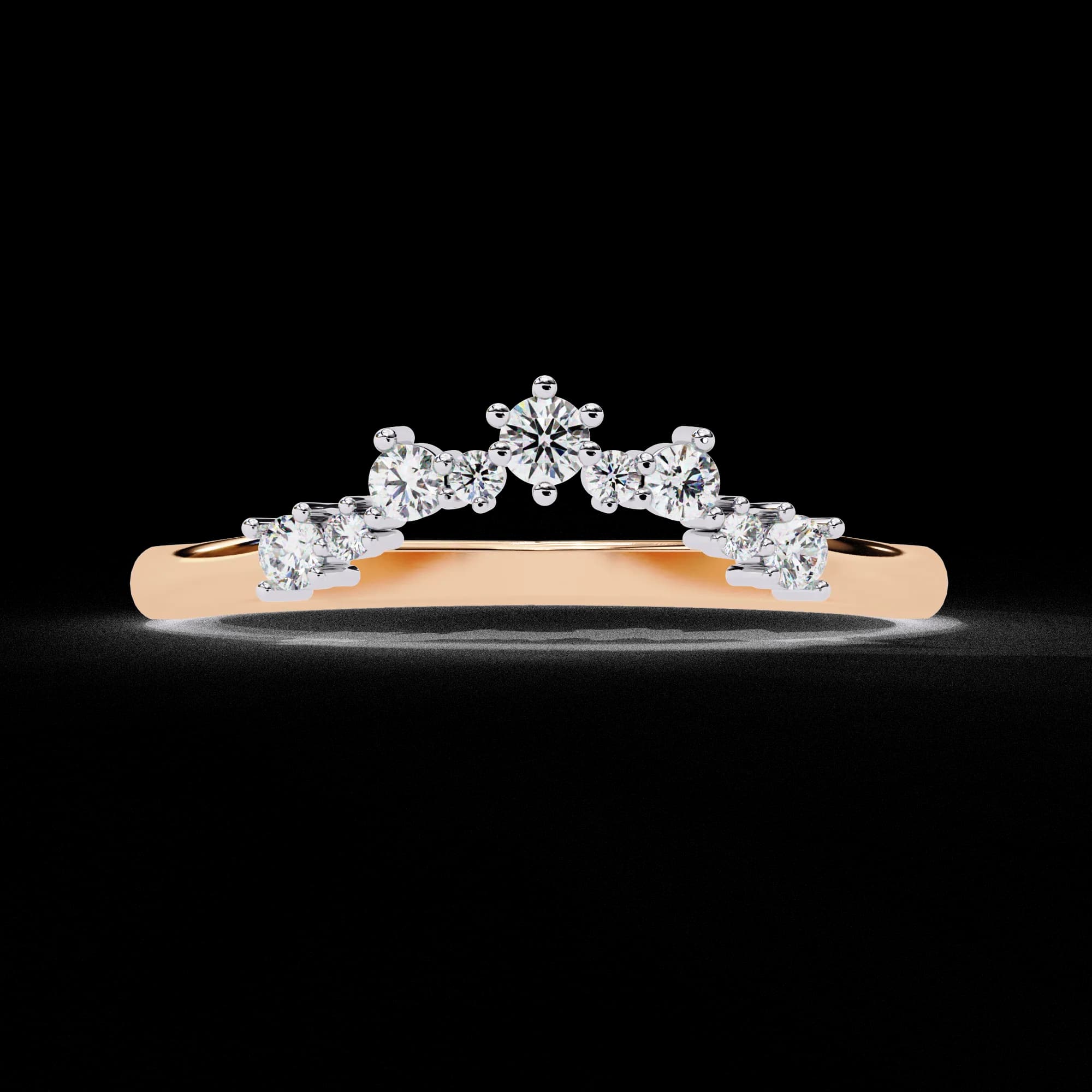 Round lab grown diamond curved crown wedding band in rose gold, front view