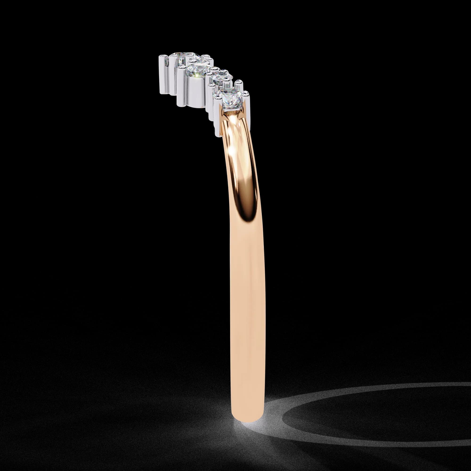 Round lab grown diamond curved crown wedding band in rose gold, profile view