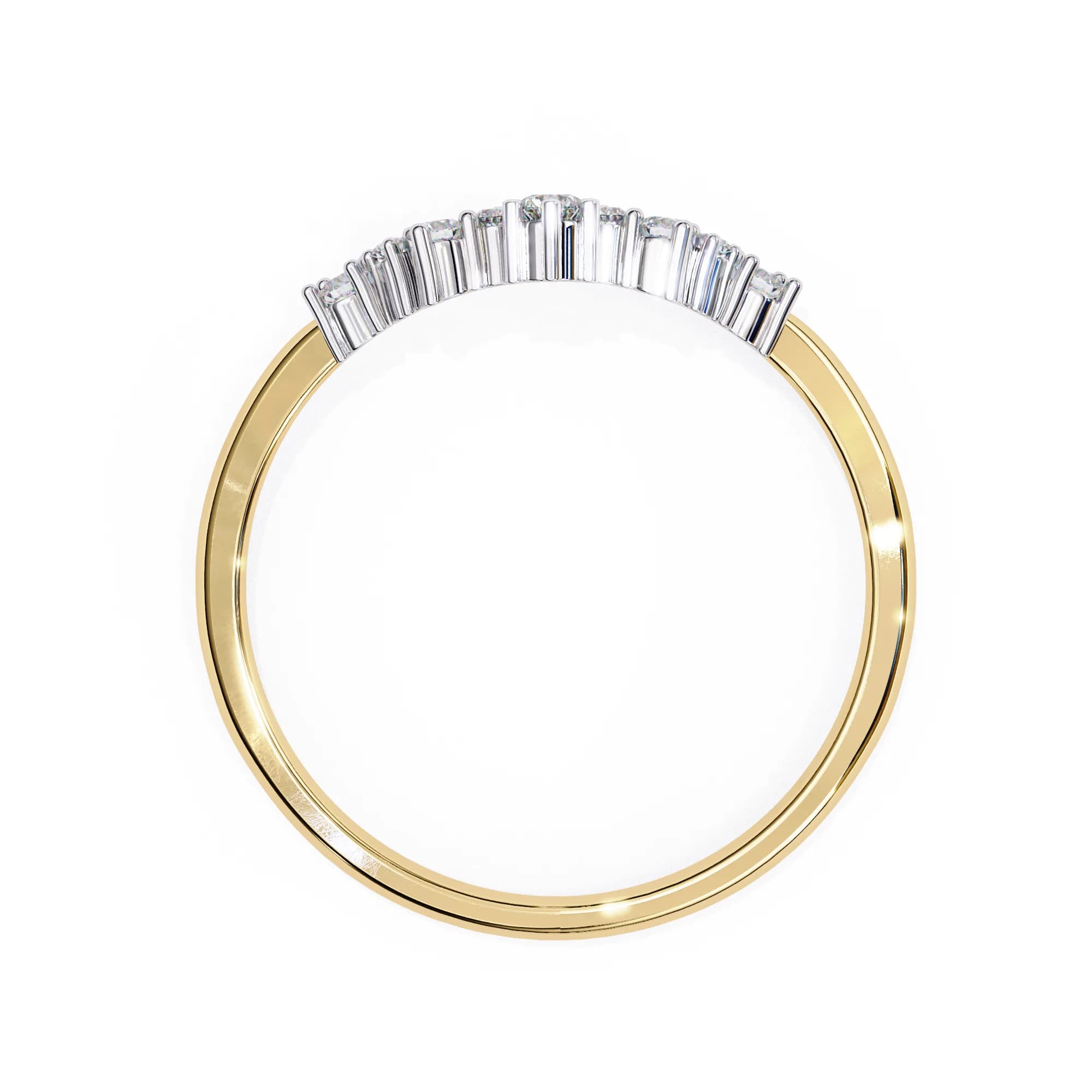 Round lab grown diamond curved crown wedding band in yellow gold, through-finger view
