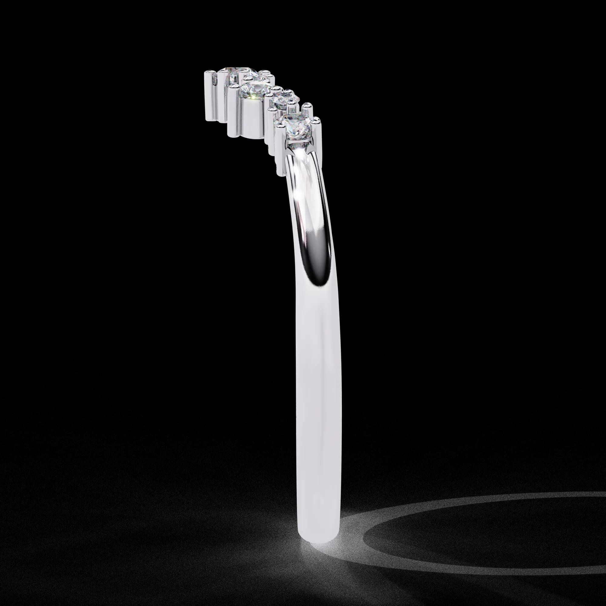 Round lab grown diamond curved crown wedding band in white gold, profile view