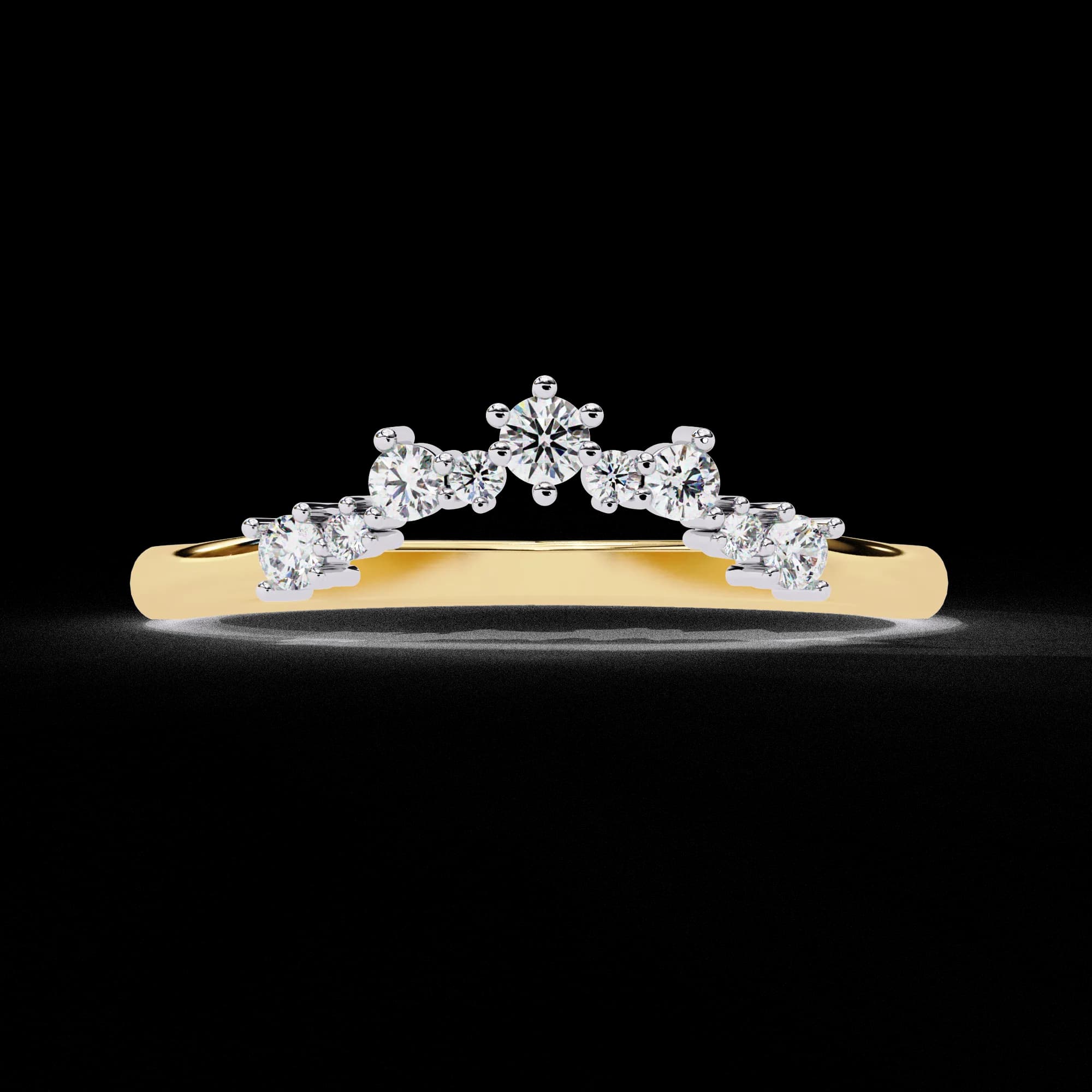 Round lab grown diamond curved crown wedding band in yellow gold, front view