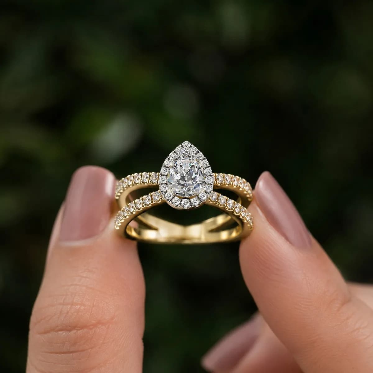 Pear cut lab grown diamond halo crossover engagement ring in yellow gold held between fingertips