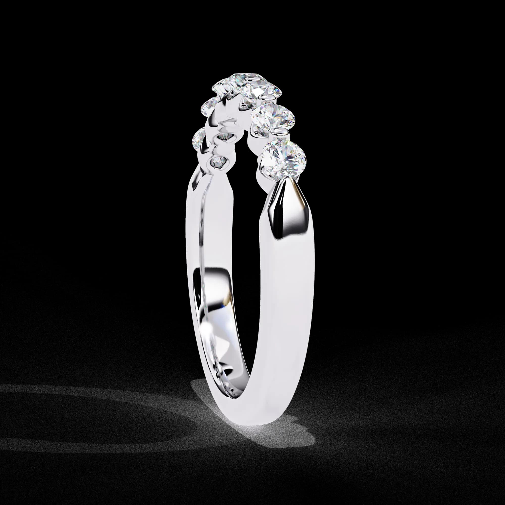 Round lab grown diamond seven-stone wedding band in white gold, side profile view
