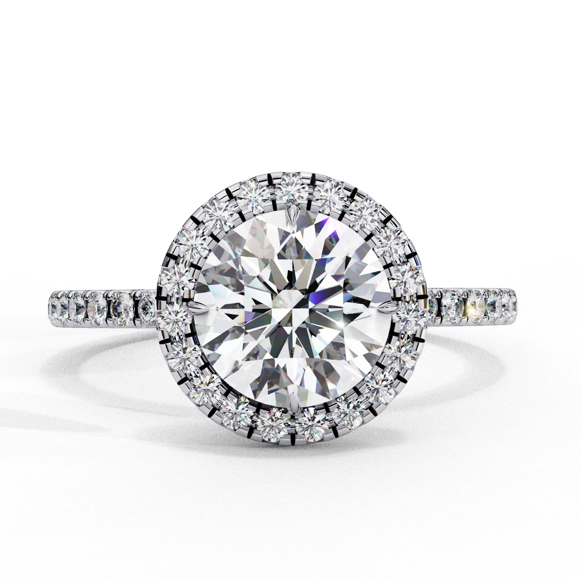 Round lab grown diamond halo engagement ring in white gold, front view