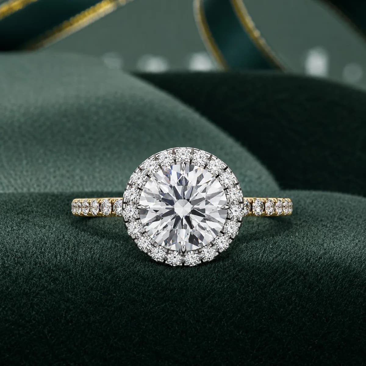 Round lab grown diamond halo engagement ring in yellow gold on green velvet