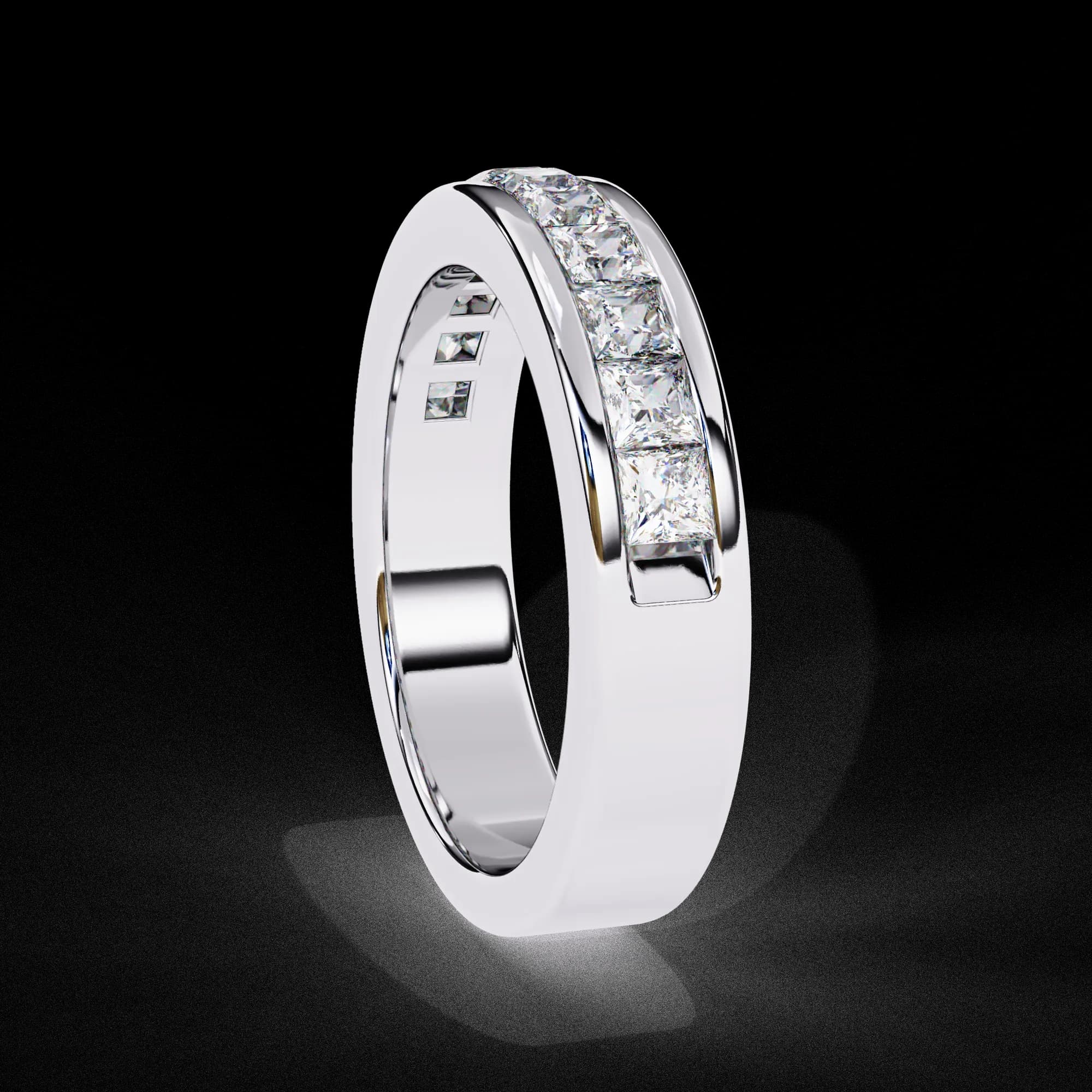Princess cut lab grown diamond channel-set half eternity band in white gold, side profile view