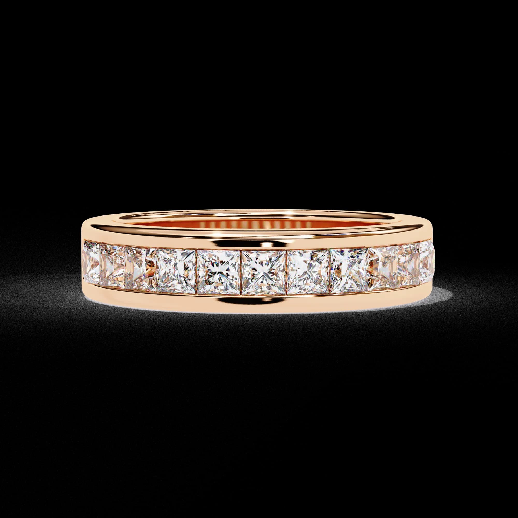 Princess cut lab grown diamond channel-set half eternity band in rose gold, front view