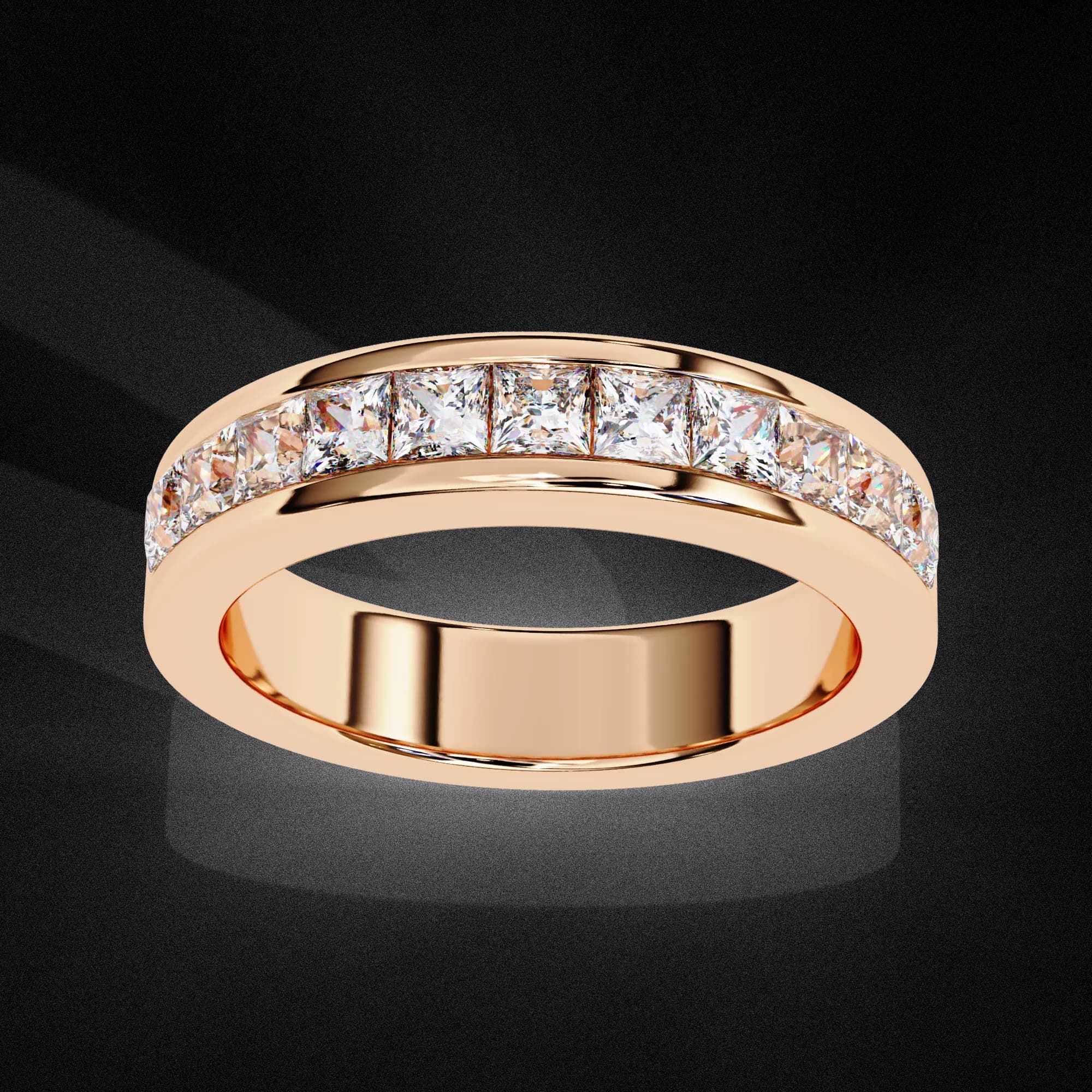 Princess cut lab grown diamond channel-set half eternity band in rose gold, angled view