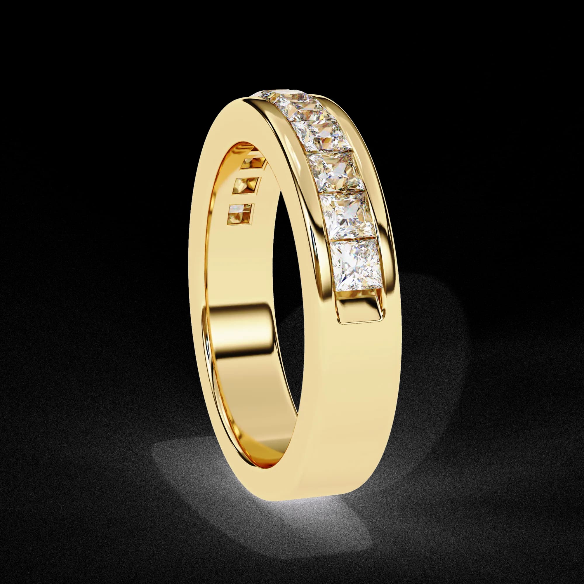 Princess cut lab grown diamond channel-set half eternity band in yellow gold, side profile view