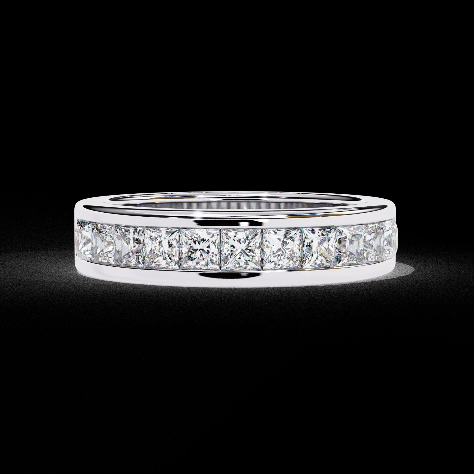 Princess cut lab grown diamond channel-set half eternity band in white gold, front view