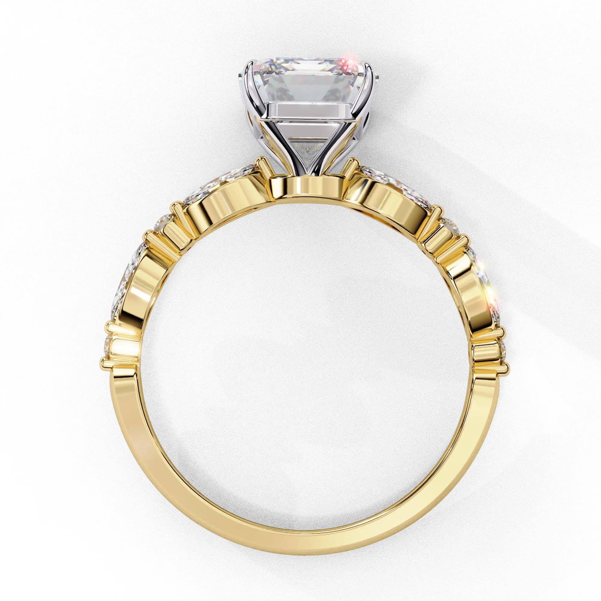 Radiant cut lab grown diamond engagement ring with marquise accents in yellow gold, through-finger view