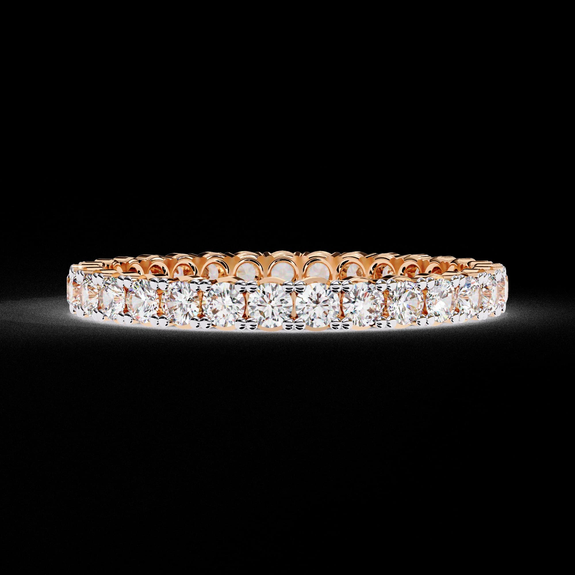 Round lab grown diamond full eternity wedding band in rose gold, front view